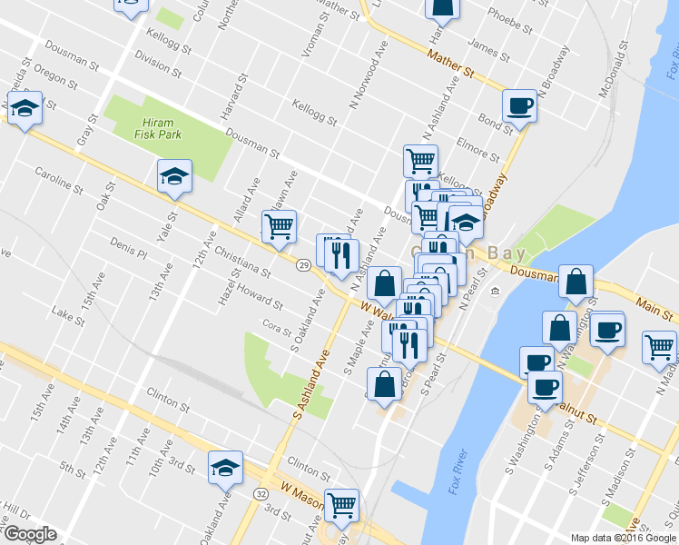 map of restaurants, bars, coffee shops, grocery stores, and more near 126 North Oakland Avenue in Green Bay