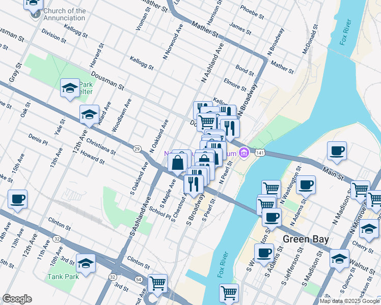 map of restaurants, bars, coffee shops, grocery stores, and more near 156 North Maple Avenue in Green Bay
