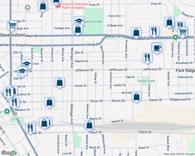 map of restaurants, bars, coffee shops, grocery stores, and more near 1833 Gilkay Street in Stevens Point