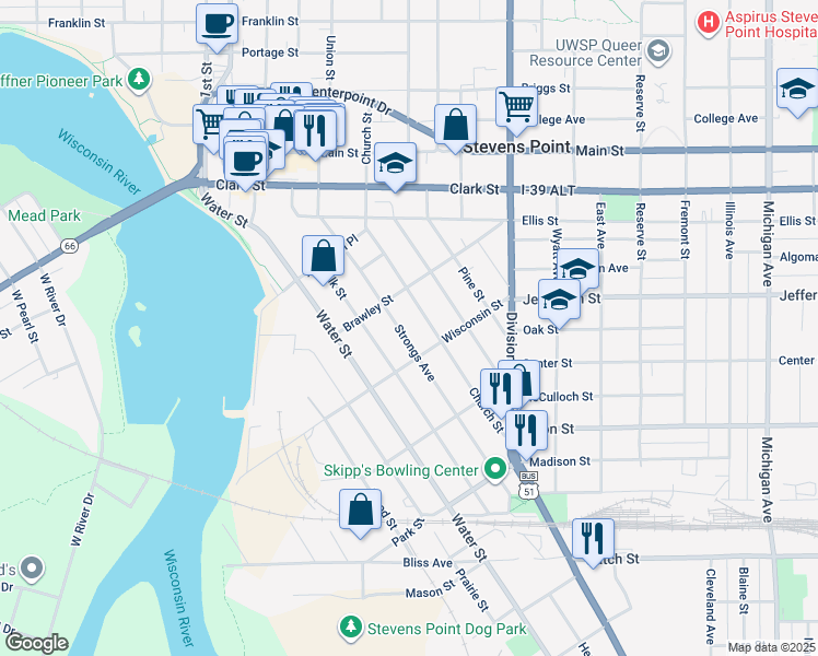 map of restaurants, bars, coffee shops, grocery stores, and more near 1764 Church Street in Stevens Point
