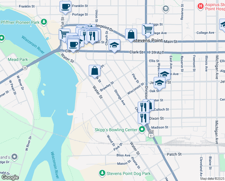 map of restaurants, bars, coffee shops, grocery stores, and more near 1709 Elk Street in Stevens Point
