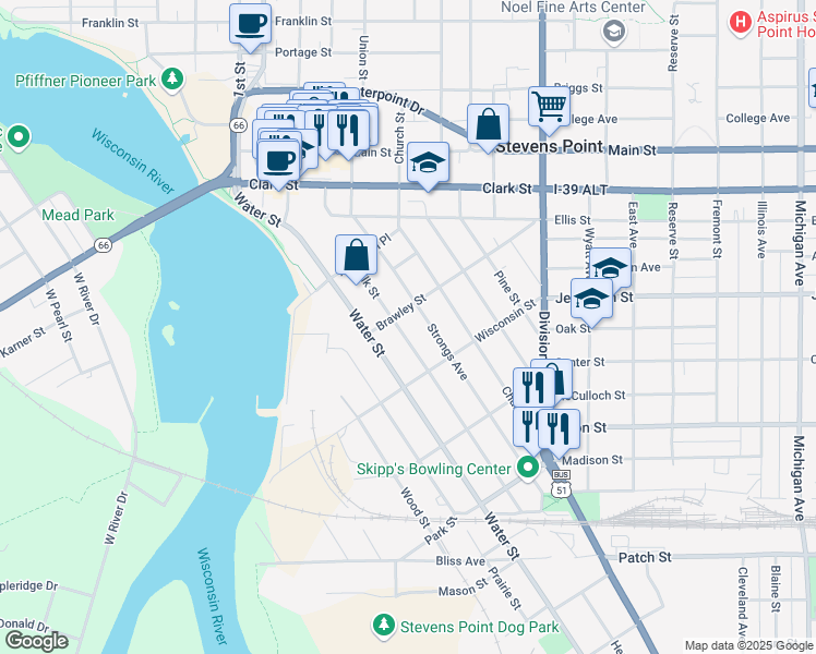 map of restaurants, bars, coffee shops, grocery stores, and more near 1709 Elk Street in Stevens Point