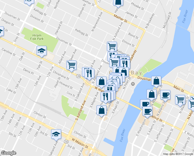 map of restaurants, bars, coffee shops, grocery stores, and more near 140 North Ashland Avenue in Green Bay