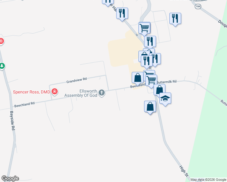 map of restaurants, bars, coffee shops, grocery stores, and more near 133 Beechland Road in Ellsworth