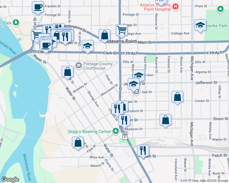map of restaurants, bars, coffee shops, grocery stores, and more near 1908 Pine Street in Stevens Point