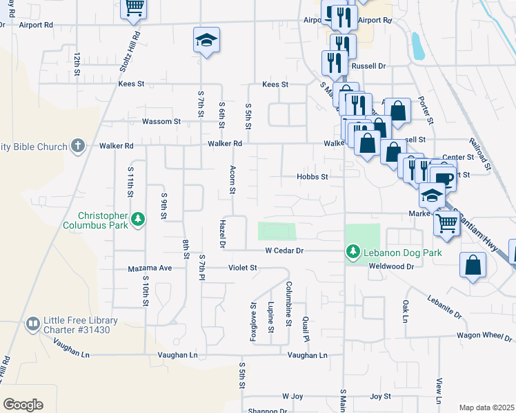 map of restaurants, bars, coffee shops, grocery stores, and more near 2815 Birch Street in Lebanon