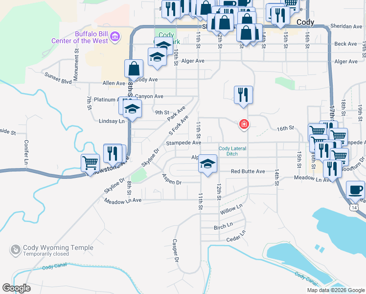 map of restaurants, bars, coffee shops, grocery stores, and more near 1014 Stampede Avenue in Cody
