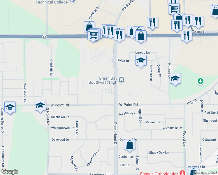 map of restaurants, bars, coffee shops, grocery stores, and more near 1310 Packerland Drive in Green Bay