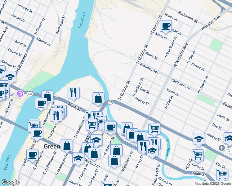 map of restaurants, bars, coffee shops, grocery stores, and more near 733-799 N Quincy St in Green Bay