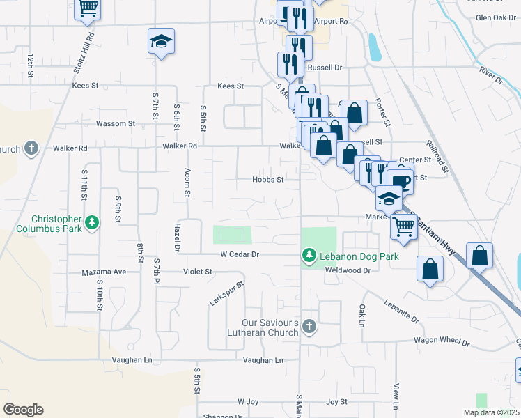 map of restaurants, bars, coffee shops, grocery stores, and more near 33823 Santiam Highway in Lebanon