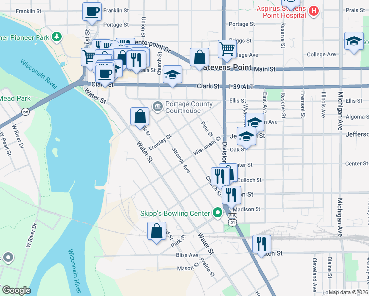 map of restaurants, bars, coffee shops, grocery stores, and more near 1764 Church Street in Stevens Point