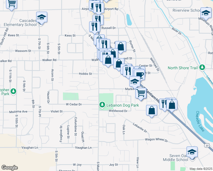map of restaurants, bars, coffee shops, grocery stores, and more near 42 Market Street in Lebanon