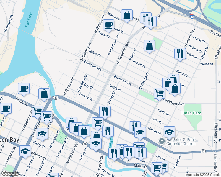map of restaurants, bars, coffee shops, grocery stores, and more near 1030 Smith Street in Green Bay