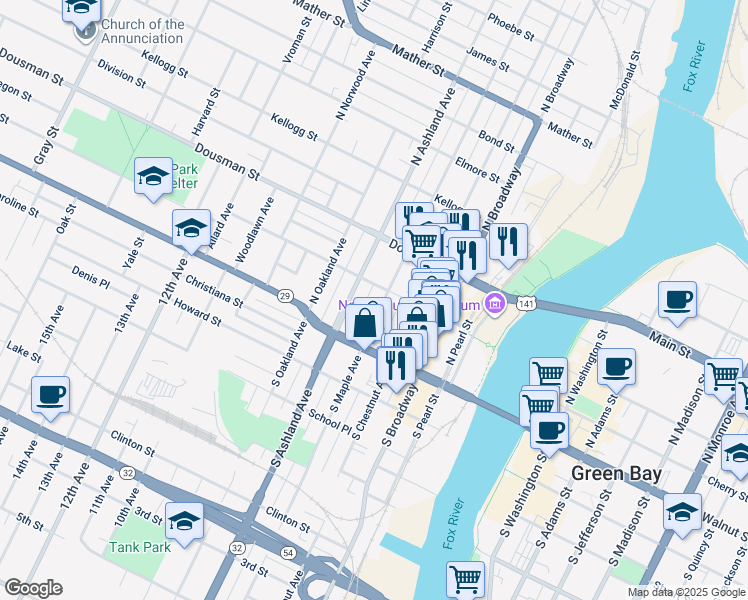 map of restaurants, bars, coffee shops, grocery stores, and more near 156 North Maple Avenue in Green Bay