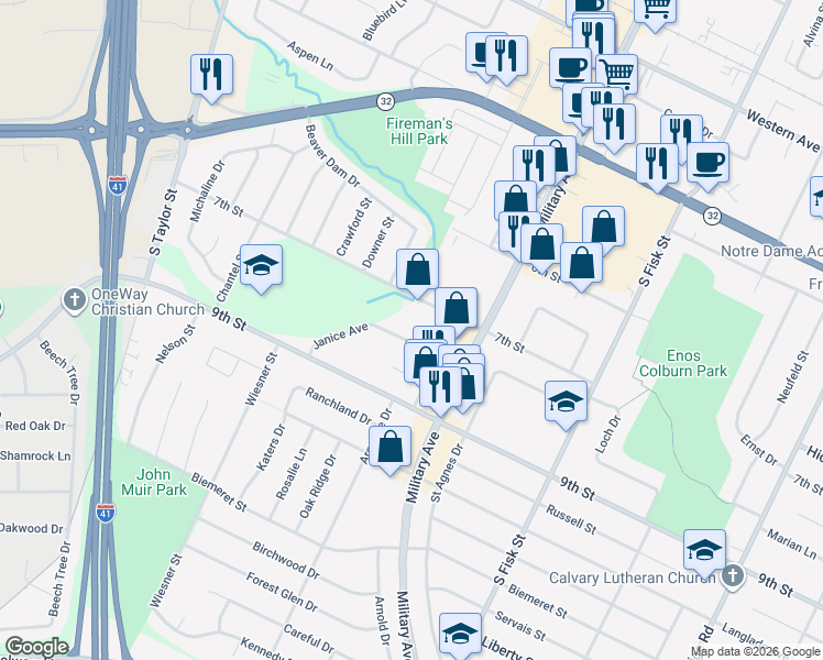 map of restaurants, bars, coffee shops, grocery stores, and more near 1630 Janice Avenue in Green Bay