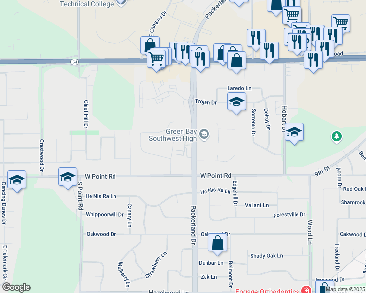 map of restaurants, bars, coffee shops, grocery stores, and more near 1310 Packerland Drive in Green Bay
