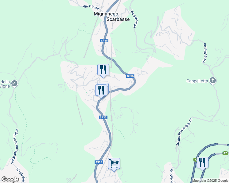 map of restaurants, bars, coffee shops, grocery stores, and more near 86 Strada Provinciale 35 dei Giovi in Mignanego