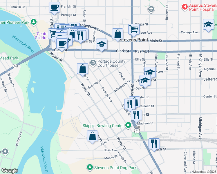 map of restaurants, bars, coffee shops, grocery stores, and more near 1764 Church Street in Stevens Point