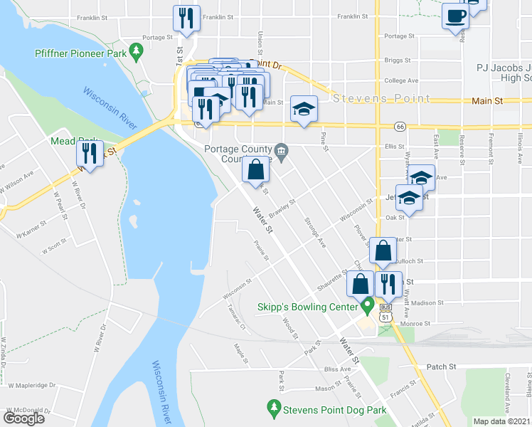 map of restaurants, bars, coffee shops, grocery stores, and more near 1565 Water Street in Stevens Point