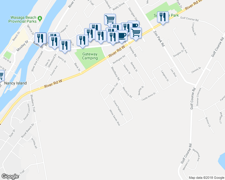 map of restaurants, bars, coffee shops, grocery stores, and more near Culham Trail in Wasaga Beach