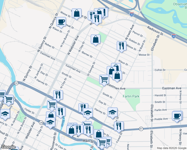 map of restaurants, bars, coffee shops, grocery stores, and more near 1223 Eastman Avenue in Green Bay