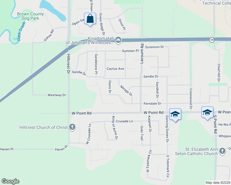 map of restaurants, bars, coffee shops, grocery stores, and more near 3076 Ferndale Drive in Green Bay