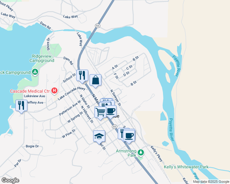 map of restaurants, bars, coffee shops, grocery stores, and more near 210 Hatfield Drive in Cascade