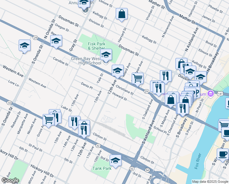 map of restaurants, bars, coffee shops, grocery stores, and more near 904 Howard Street in Green Bay
