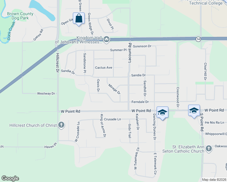map of restaurants, bars, coffee shops, grocery stores, and more near 1340 Mirage Drive in Green Bay