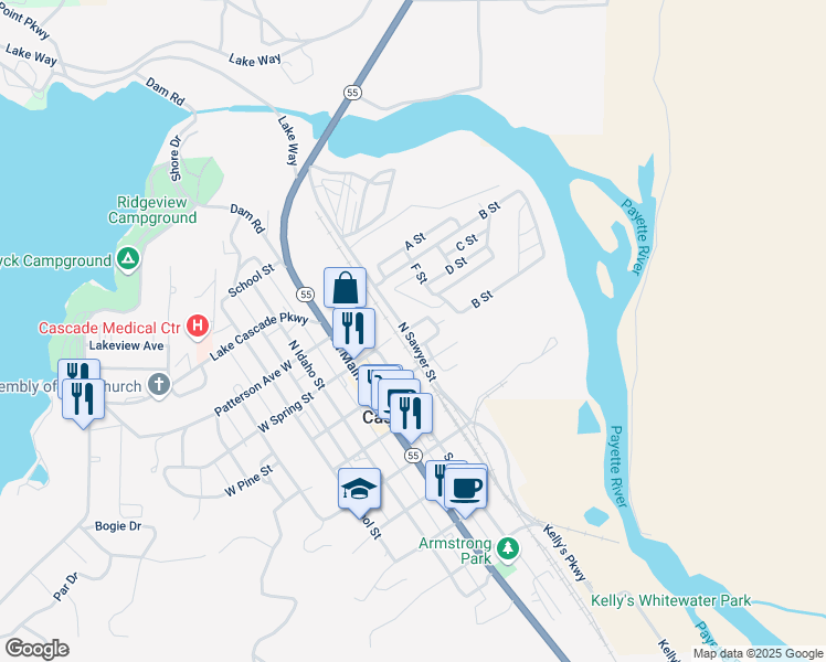 map of restaurants, bars, coffee shops, grocery stores, and more near 210 Hatfield Drive in Cascade