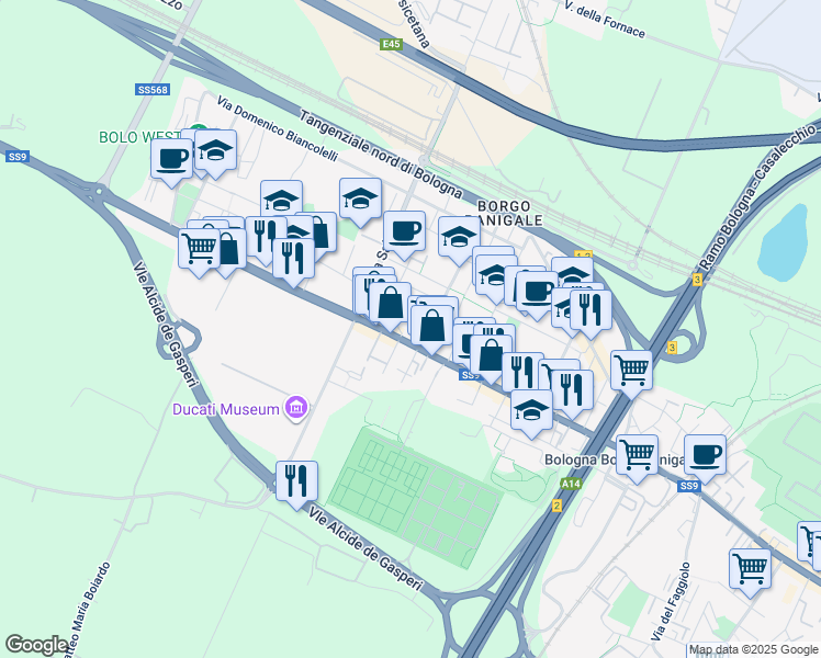 map of restaurants, bars, coffee shops, grocery stores, and more near 108 Via Marco Emilio Lepido in Bologna