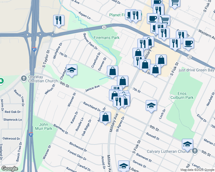 map of restaurants, bars, coffee shops, grocery stores, and more near 1630 Janice Avenue in Green Bay