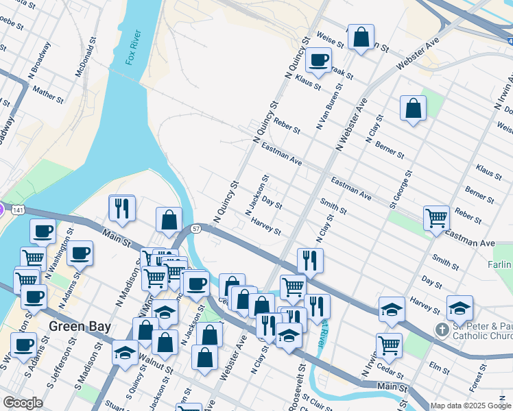 map of restaurants, bars, coffee shops, grocery stores, and more near 820 N Jackson St in Green Bay