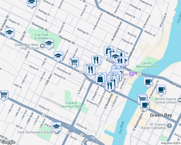 map of restaurants, bars, coffee shops, grocery stores, and more near 126 North Oakland Avenue in Green Bay