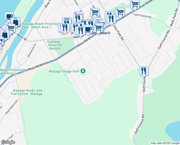 map of restaurants, bars, coffee shops, grocery stores, and more near 118 Westbury Road in Wasaga Beach