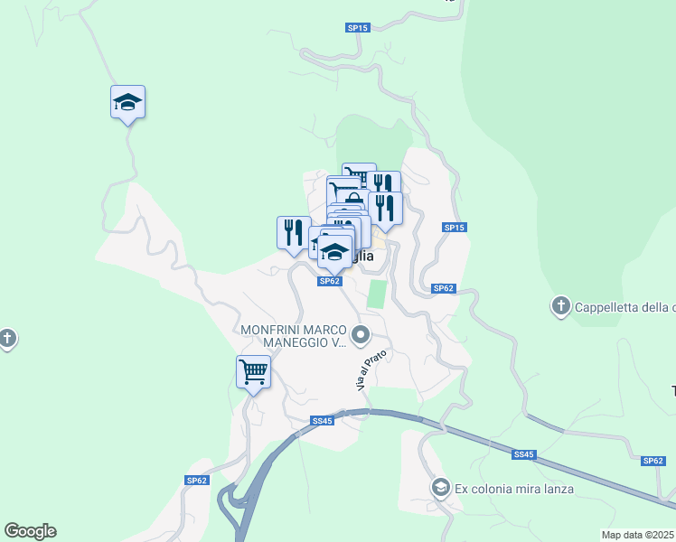 map of restaurants, bars, coffee shops, grocery stores, and more near 26B Via Provvidenza in Torriglia