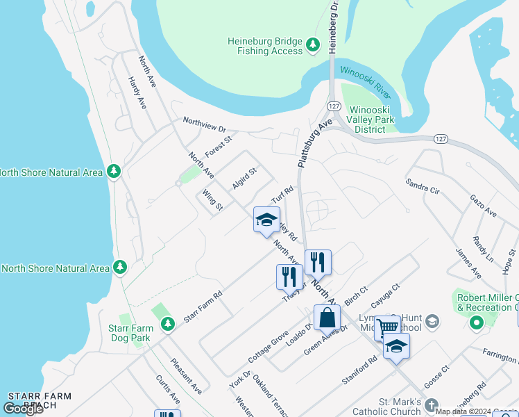 map of restaurants, bars, coffee shops, grocery stores, and more near 1688 North Avenue in Burlington