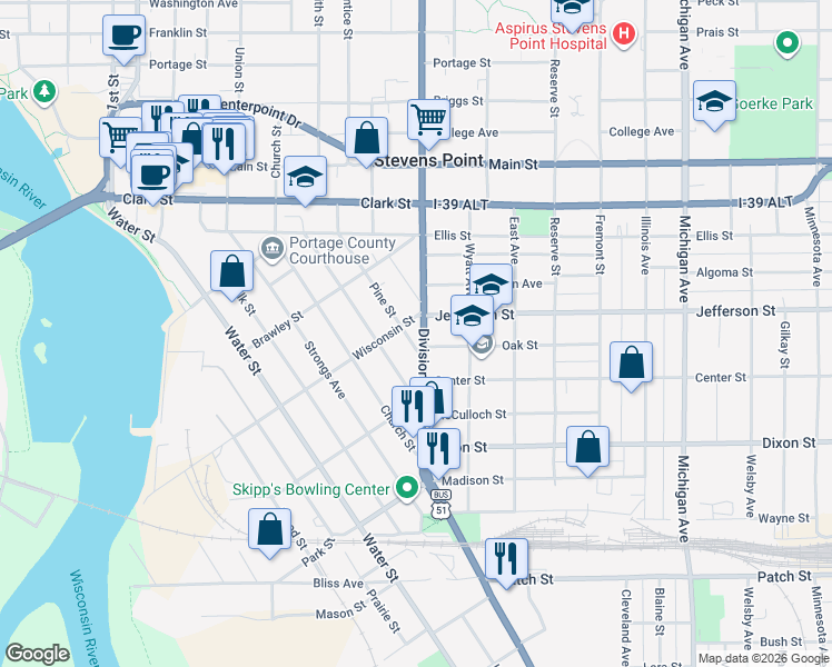 map of restaurants, bars, coffee shops, grocery stores, and more near 1908 Pine Street in Stevens Point