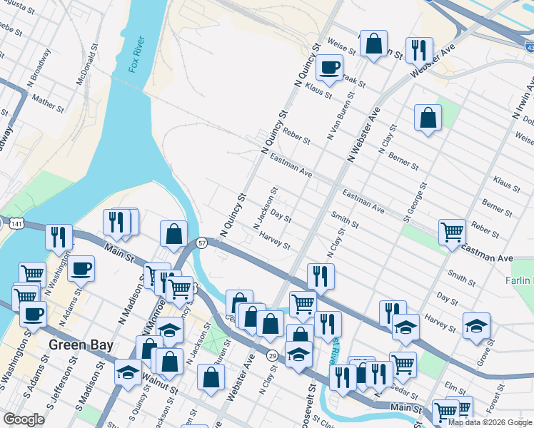 map of restaurants, bars, coffee shops, grocery stores, and more near 820 North Jackson Street in Green Bay