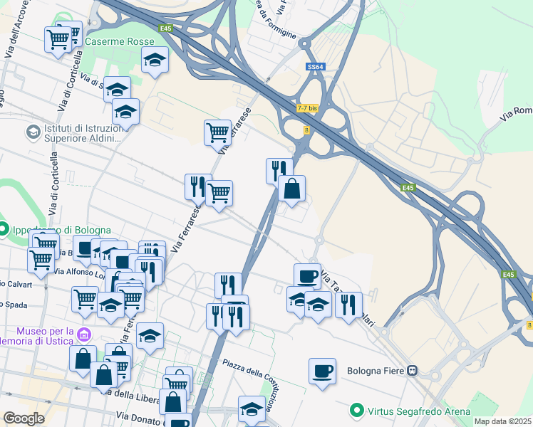 map of restaurants, bars, coffee shops, grocery stores, and more near 88 Via Stalingrado in Bologna