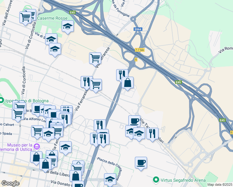 map of restaurants, bars, coffee shops, grocery stores, and more near 88 Via Stalingrado in Bologna