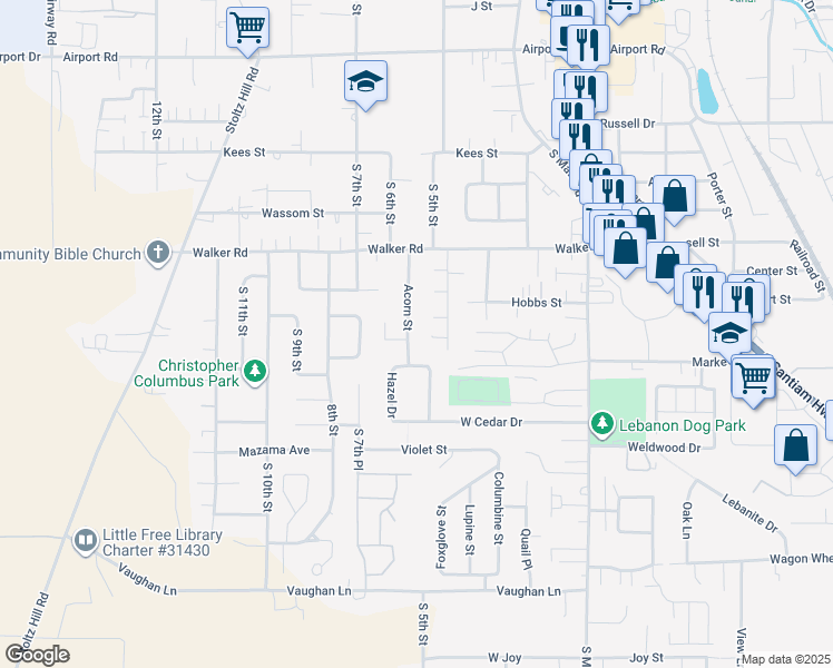 map of restaurants, bars, coffee shops, grocery stores, and more near 2810 Birch Street in Lebanon