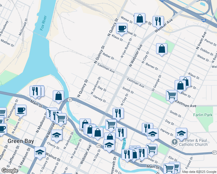 map of restaurants, bars, coffee shops, grocery stores, and more near 902 Day Street in Green Bay