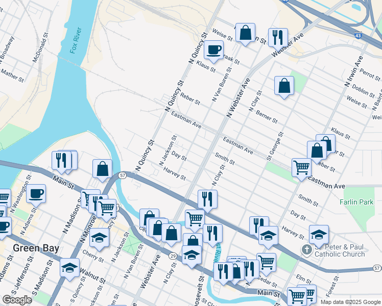 map of restaurants, bars, coffee shops, grocery stores, and more near 902 Day Street in Green Bay