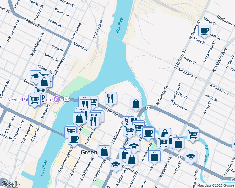 map of restaurants, bars, coffee shops, grocery stores, and more near 600 North Adams Street in Green Bay