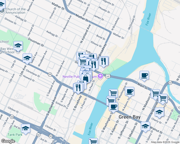map of restaurants, bars, coffee shops, grocery stores, and more near 241 North Broadway in Green Bay