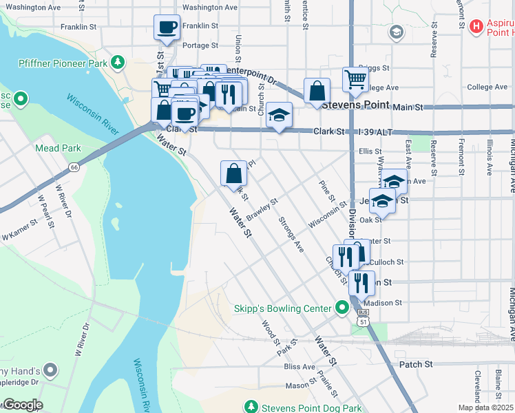 map of restaurants, bars, coffee shops, grocery stores, and more near 1100 Brawley Street in Stevens Point
