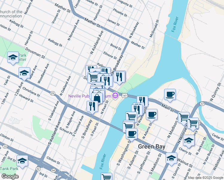 map of restaurants, bars, coffee shops, grocery stores, and more near 202 Dousman Street in Green Bay