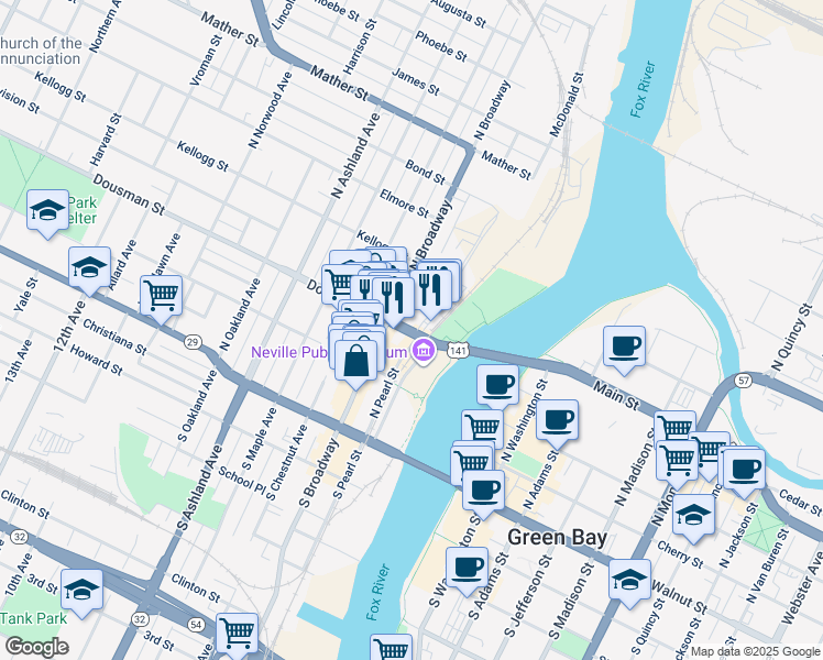 map of restaurants, bars, coffee shops, grocery stores, and more near 202 Dousman Street in Green Bay