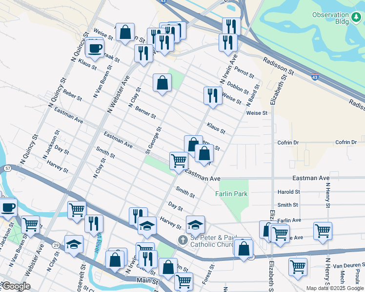 map of restaurants, bars, coffee shops, grocery stores, and more near 1132 North Irwin Avenue in Green Bay